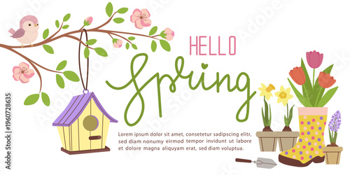 Spring gardening vector illustration with bird, birdhouse and blooming flowers. Horizontal banner template with copy space for seasonal promotion, web header or greeting card.