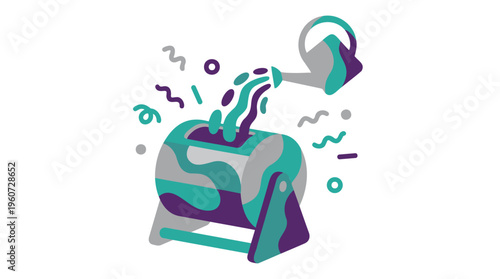 A graphic illustration of a lottery machine or raffle drum with colorful balls being poured in, surrounded by confetti.