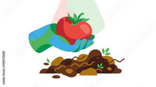 A gloved hand holding a ripe red tomato above rich soil with green sprouts, symbolizing gardening and sustainable growth.