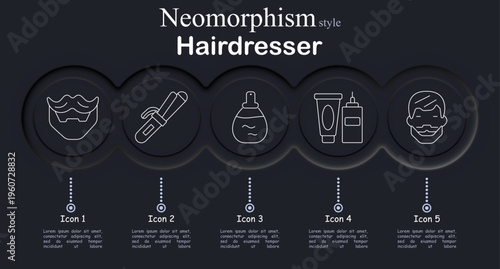 Hairdresser set icon. Neomorphic dark interface circles with line symbols of beard mustache style, curling iron tool, hair drop bottle, cosmetic tube container, barber client face