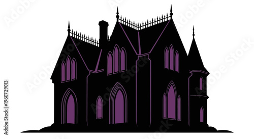 A dark silhouette of a Gothic mansion house with purple windows.
