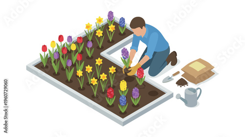 Gardener Planting Colorful Spring Flowers in a Raised Garden Bed