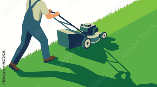 Gardener Mowing a Lush Green Lawn with a Modern Push Mower Illustration