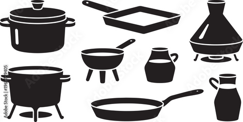 Collection of Kitchenware and Cooking Utensil Vector Silhouettes for Culinary Design Projects