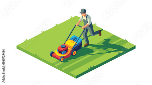Gardener Mowing Green Lawn Using a Gasoline Powered Push Lawn Mower