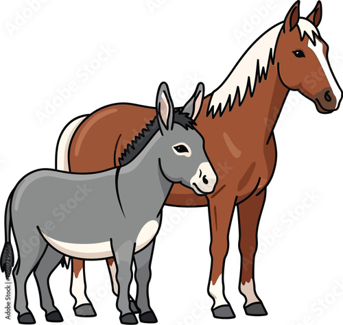 Cartoon depiction of a donkey and a horse standing side by side