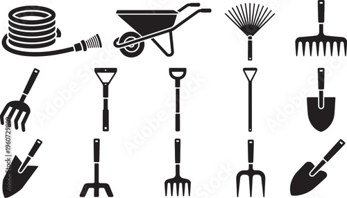 Set of Gardening and Horticulture Tool Silhouettes Featuring Rakes Shovels and Wheelbarrow Icon