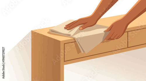 Cleaning Hands Wiping a Wooden Furniture Surface with a White Cloth