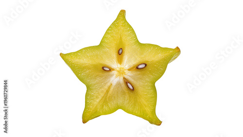 Vibrant starfruit cross-section displaying juicy yellow flesh dark brown seeds and textured rind, isolated on transparent background for tropical designs