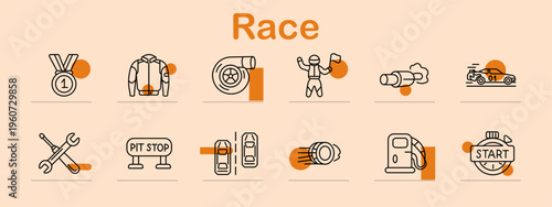 Race set icon. Line collection with medal, racing suit, turbo wheel, winner flag, exhaust pipe, speed car, tools, pit stop sign, overtaking cars, turbo engine, fuel pump, start button.