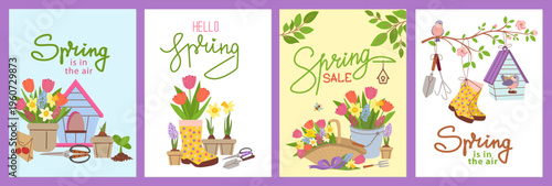 Set of four spring gardening vector illustrations with blooming tulips, daffodils, garden tools and birdhouse. Hand drawn floral seasonal backgrounds for greeting cards, posters and banners.
