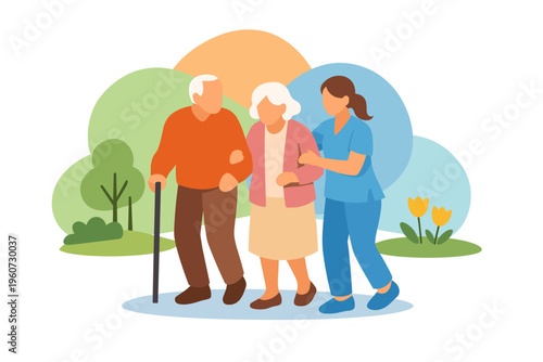 Elderly Man Walking with Cane in Park.