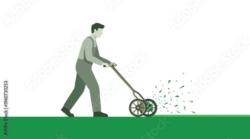 Gardener Mowing Lawn with Vintage Push Mower in Flat Vector Style