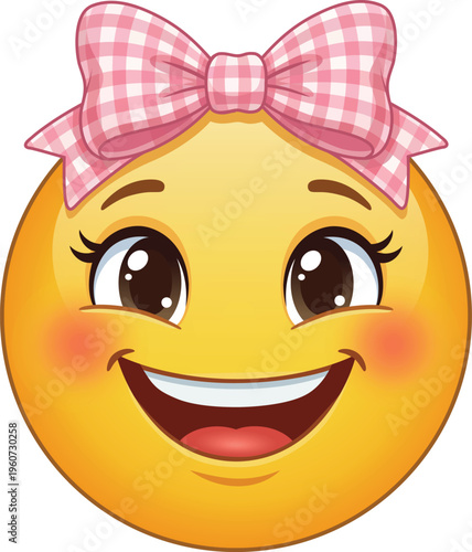 Cute Smiling Emoji with Bow Ribbon on Head Design