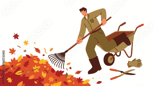 Gardener Raking Autumn Leaves and Using a Wheelbarrow in the Garden