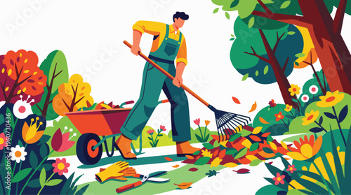 Gardener Raking Autumn Leaves in a Vibrant Colorful Garden Setting