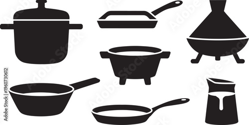 Set of Various Kitchen Cooking Utensils and Pots Pans and Grills Flat Vector Illustration Icons