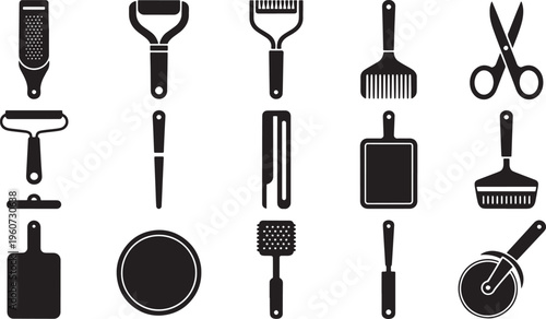 Set of Various Kitchen Utensil Icons and Cooking Tool Silhouettes for Food Preparation Tasks