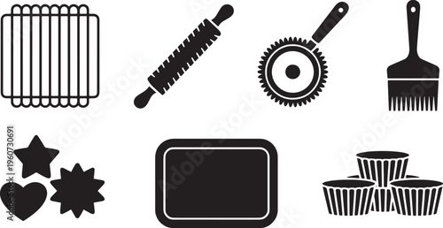 Set of Various Kitchen Utensils and Baking Tools Silhouette Icons for Cooking and Culinary Arts