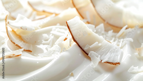 Crisp coconut flakes on creamy yogurt in macro detail with rich texture