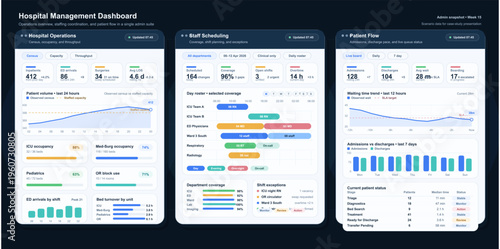 Hospital management dashboard displaying daily operations, staff scheduling, and patient flow details for effective healthcare management