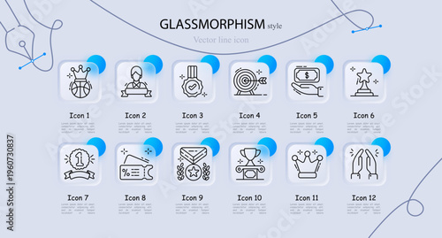 Achievement set icon. Crown trophy, winner podium, quality badge, target goal, reward payment, star statue, first place ribbon, ticket prize, medal laurel, championship cup, royal crown