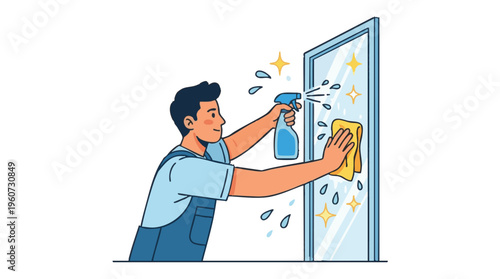 Cleaner Washing a Tall Glass Window with Spray and Yellow Cloth