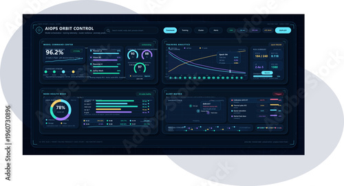 Data dashboard displays metrics and analysis for AIOps orbit control system used in network management