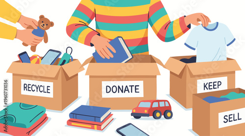 Sorting Household Items into Labeled Cardboard Boxes for Organization