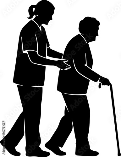 Nurse assisting elderly woman walking with cane indoors