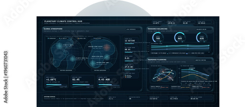 Data display shows planetary climate control dashboard with global atmosphere readings and response planning details