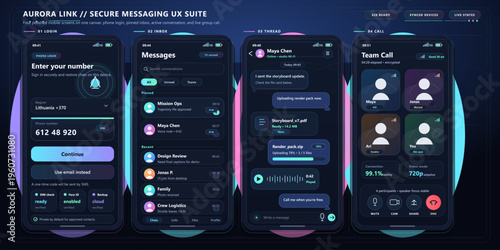 Secure messaging app interface showing login, messages, and team call features with user options and details