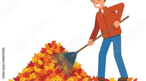 Raking Autumn Leaves with a Joyful Person in Flat Vector Illustration