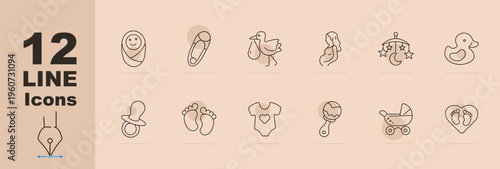 Newborn essentials set icon. Line icons with swaddled baby, safety pin, stork delivery bird, pregnant woman profile, crib mobile stars, rubber duck, pacifier, baby feet, onesie suit,