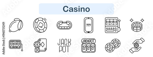 Casino set icon. Chips, poker, roulette, slot machine, jackpot, cards, dice, betting, gambling, win, luck, money game, entertainment, risk