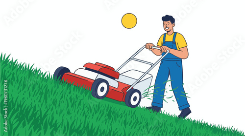 Gardener Mowing Green Lawn with Red Lawnmower on Sunny Day