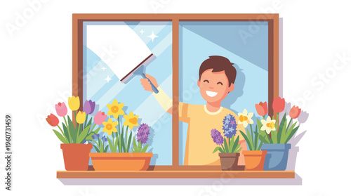 Boy Cleaning Window with Squeegee Surrounded by Colorful Spring Flowers