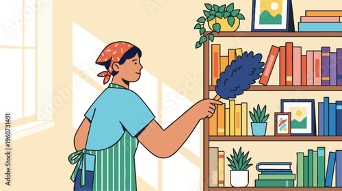 Housekeeper Dusting Bookshelf in Sunlit Living Room Illustration