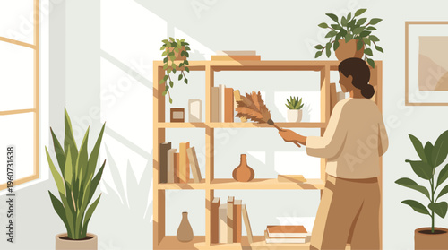 Cleaning Person Dusting a Wooden Bookshelf in a Bright Sunlit Room