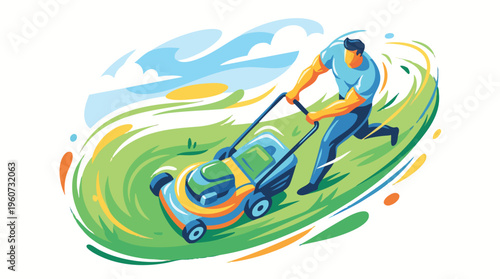 Lawnmower Man Cutting Fresh Green Grass in a Vibrant Summer Yard