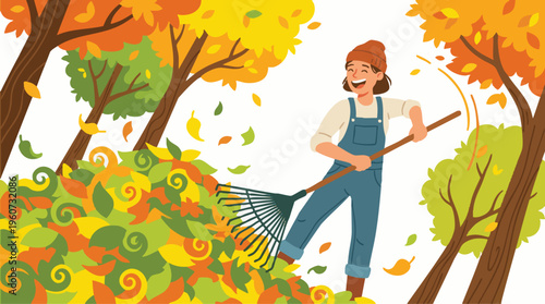 Gardener Raking Vibrant Autumn Leaves in a Scenic Park Illustration