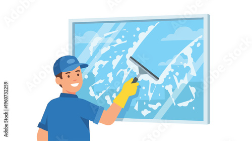 Window Cleaner Washing Glass with Squeegee and Soap Suds