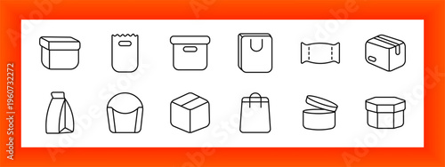 Packaging containers set icon. Closed, paper bag, storage, shopping bag, wrapper pack, cardboard, plastic bottle, food cup, cube box, retail bag, round container, hexagon