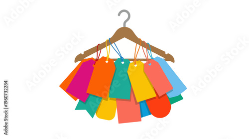 Colorful Blank Price Tags Hanging on Wooden Clothes Hanger.