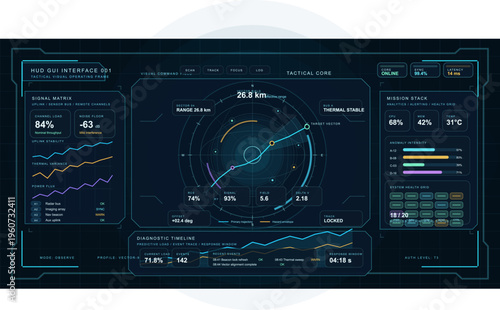 Futuristic digital head-up display interface featuring tactical data