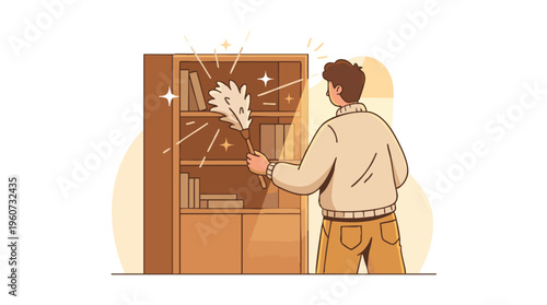 Cleaning Person Dusting a Wooden Bookshelf with a Feather Duster