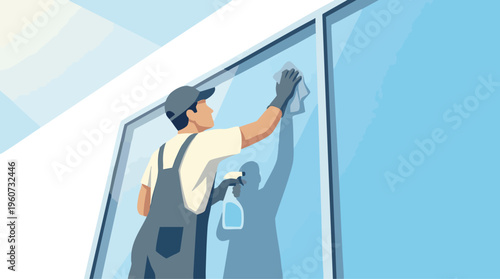 Window Cleaner Washing Glass Pane in Modern Office Interior Design