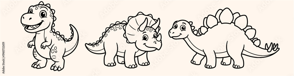 Fototapeta premium Outline Vector Collection of Friendly Cartoon Dinosaurs for Kids