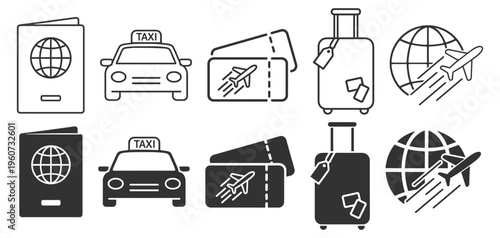 Travel passport taxi ticket luggage outline icon set on transparent background