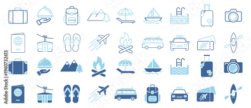 Travel vacation tourism transport filled icon set on transparent background